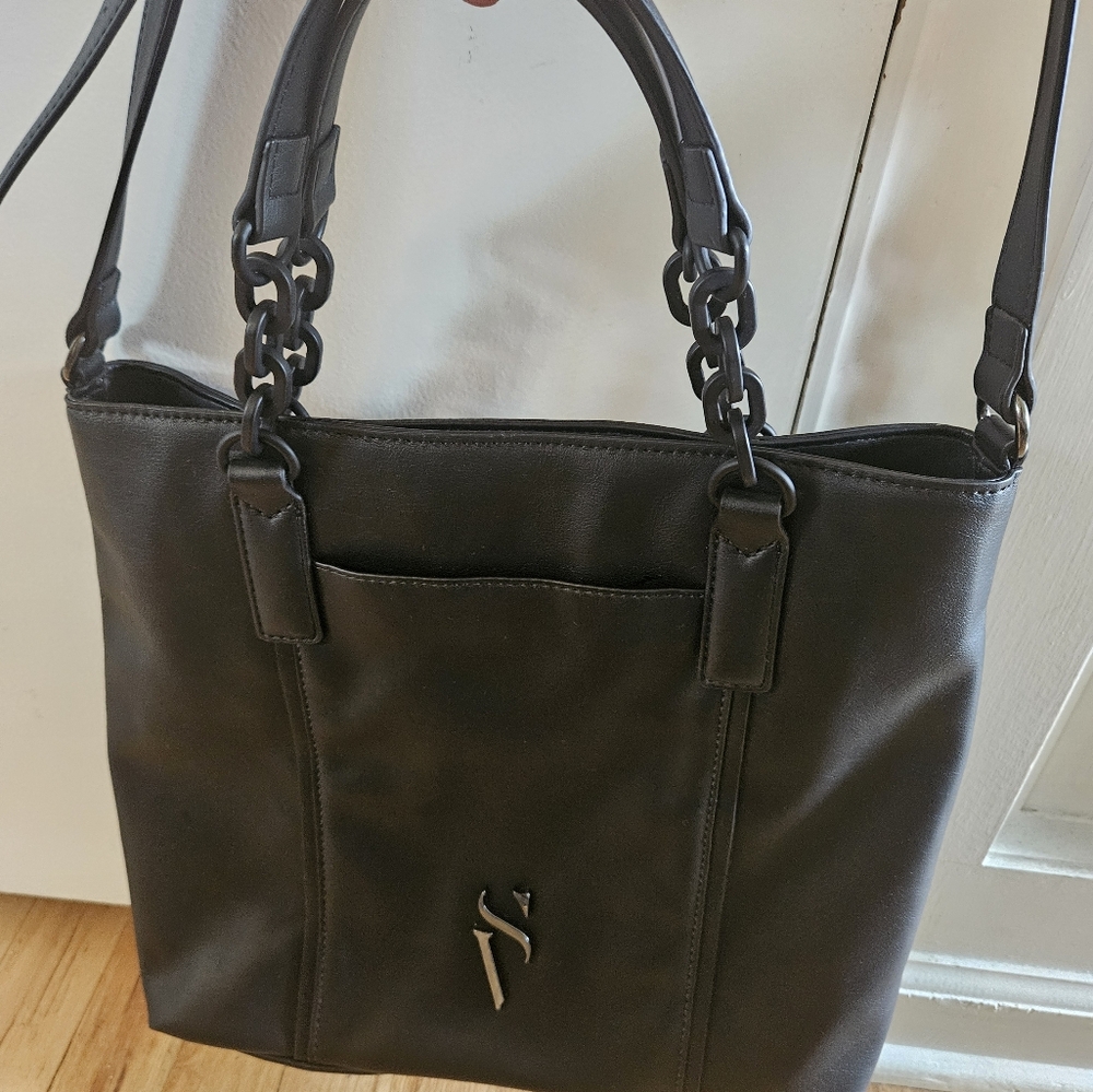 Sleek Black Leather Tote with Chain Handles
